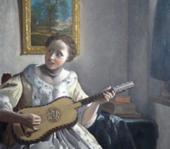 A painting of a woman in an ermine-lined dress with her hair tied back playing guitar in a furnished, white-walled room.
