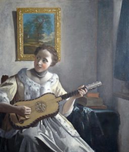 A painting of a woman in an ermine-lined dress with her hair tied back playing guitar in a furnished, white-walled room.