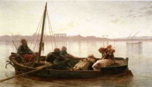A painting showing a shackled prisoner dressed in white being transported in a boat on the Nile with three guards and a musician. The Nile waters and the sky almost bleed into one another forming a light grey-white, with only a thin strip of riverbank including the temple of Luxor keeping them apart.