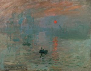 An impressionist scene of boats in harbor at sunrise