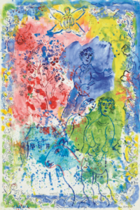 A multicolored drawing on paper mainly with whole splashes of blue, green, light red, and patches of yellow, showing human figures, animals, and a four-winged angel in the upper center.