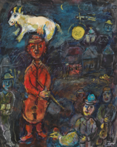 A drawing on paper showing a group of figures at night. A man drawn in red holding a cello and a goat jumping over his head stands out particularly.