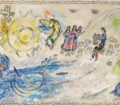 A colored drawing showing a seaside town, with a man playing a harp or lyre sitting on the shore being approached by three women. The sun shines over the sea, with other groups of people and animals present throughout.