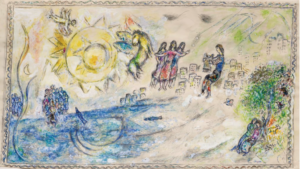 A colored drawing showing a seaside town, with a man playing a harp or lyre sitting on the shore being approached by three women. The sun shines over the sea, with other groups of people and animals present throughout.