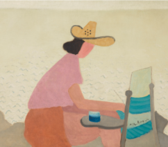 An abstract seascape by Milton Avery with a woman in a pink shirt and a broad-brimmed sun hat in the foreground.
