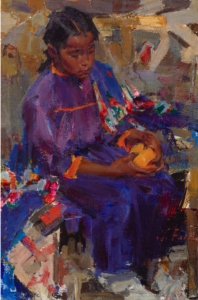 An impressionist portrait of a young indigenous girl in a purple tunic, probably from near Taos, New Mexico. 