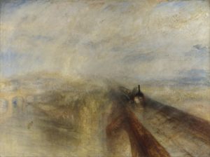 A landscape with a railway bridge running from the vanishing point to the lower right of the canvas. The locomotive is shown in a black blur, indicating the speed at which it travels. The cliffs, another bridge, and the river below, are also shown very blurred, in muted colors, possibly to indicate a mist or fog, or perhaps simply dim morning light.