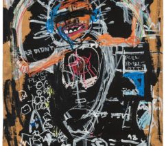 An abstract, grafitti-like painting on a piece of cardboard showing a man against a black background, a rainbow forming between his outstretched hands, and white next behind him.