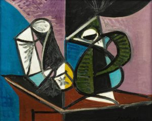 A modernist, cubist-inspired still-life of a pitcher and a water glass sitting on a tabletop.