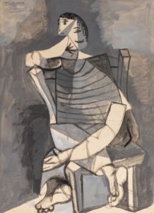 An grey and beige abstract portrait of a seated man in a striped knitted shirt.