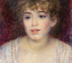 A bust-length of a young woman in a white dress against a dark red background.