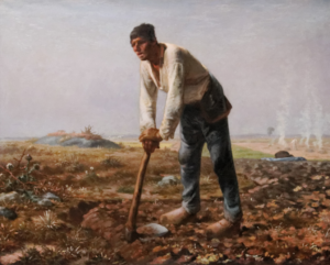A painting of a peasant man working in the fields in a simple shirt and trousers leaning forward on his hoe to rest for a moment.