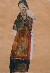 An Egon Schiele watercolor and gouache painting of a thin woman in muted tones with both hands covering her face.