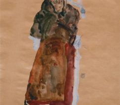 An Egon Schiele watercolor and gouache painting of a thin woman in muted tones with both hands covering her face.