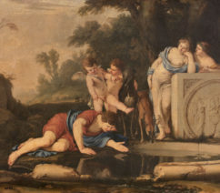 A Baroque neoclassical painting of Narcissus gazing at his own reflection in a pond, with other figures looking on