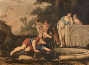 A Baroque neoclassical painting of Narcissus gazing at his own reflection in a pond, with other figures looking on. Sold by Artcurial to Patrick Matthiesen in 2022, and the subject of the spat between the two.