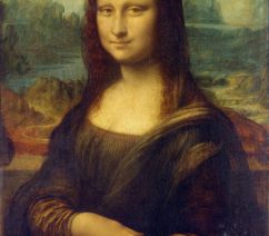 Leonardo da Vinci's Mona Lisa: a portrait of a woman with dark hair and clothing against a landscape background including trees, hills, a river, and a stone bridge.