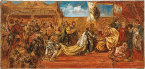 An oil paint study of Jan Matejko's monumental historical painting Prussian Homage, showing the Duke of Prussia swearing fealty to the King of Poland in 1525, surrounded by nobles, courtiers, and other figures.