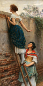 Two women in nineteenth-century European dress, take turns climbing a ladder and peering over a tall brick wall.