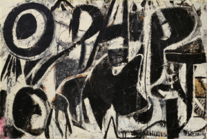 A black-and-white abstract painting with large, swirling black figures, with some that look like letters.