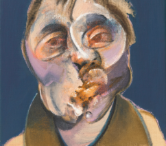 An abstract, bust-length self-portrait of the artist Francis Bacon, showing him in a beige coat against a blue background. His face is contorted and colored with shades of red and purple.