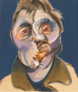 An abstract, bust-length self-portrait of the artist Francis Bacon, showing him in a beige coat against a blue background. His face is contorted and colored with shades of red and purple.