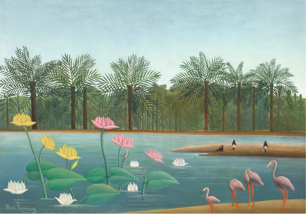A primitivist landscape showing a riverbank populated by flamingoes and small, dark figures in the distance. Large pink and yellow flowers sprout from the river in the foreground, while the background contains a forest of palms.