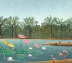 A primitivist landscape showing a riverbank populated by flamingoes and small, dark figures in the distance. Large pink and yellow flowers sprout from the river in the foreground, while the background contains a forest of palms.