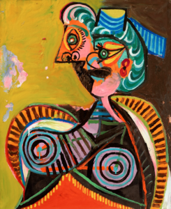 A colorful, abstract portrait of a woman against a yellow and brown background.
