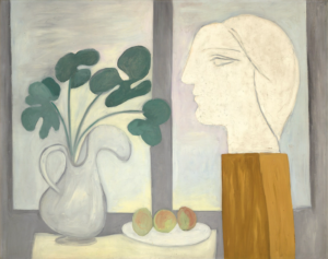 A still life of a a plate of fruit and a vase atop a table, all next to a white feminine bust on a pedestal.