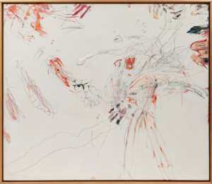 An abstract work consisting of orange and white paint sparing spatter across a care canvas, with crayon and pencil scribbles throughout.