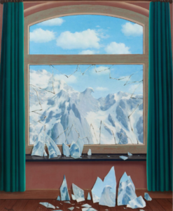 A painting of a window looking out onto some snow-capped mountains. One of the mountain peaks has been carved into the shape of an eagles head. The glass from the window is shattered, withs the shards scattered all over the windowsill and the floor. The shards are not transparent, but show a broken image of the mountainous background as if it wasn't a piece of glass but a screen.