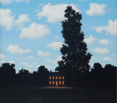 A surrealist painting of a house amid trees shrouded in darkness, with a bright blue midday sky above.