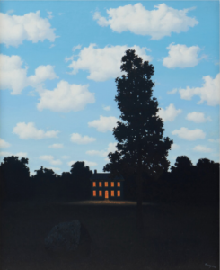 A surrealist painting of a house amid trees shrouded in darkness, with a bright blue midday sky above.