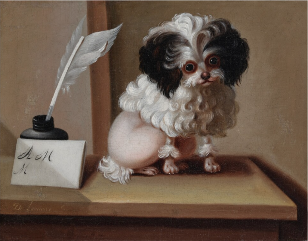 A painting of a small dog, possibly Marie Antoinette's poodle, sitting on a desk next to an inkwell with a quill in it.