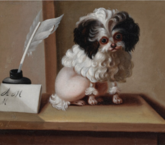 A painting of a small dog, possibly Marie Antoinette's poodle, sitting on a desk next to an inkwell with a quill in it.