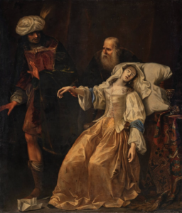 The Death of Lucretia, showing a woman dying in her father's arms while her husband watches.
