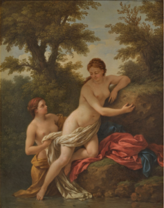 A painting of two nude women by a stream surrounded by trees, their robes in a bundle on the rocks beside them.