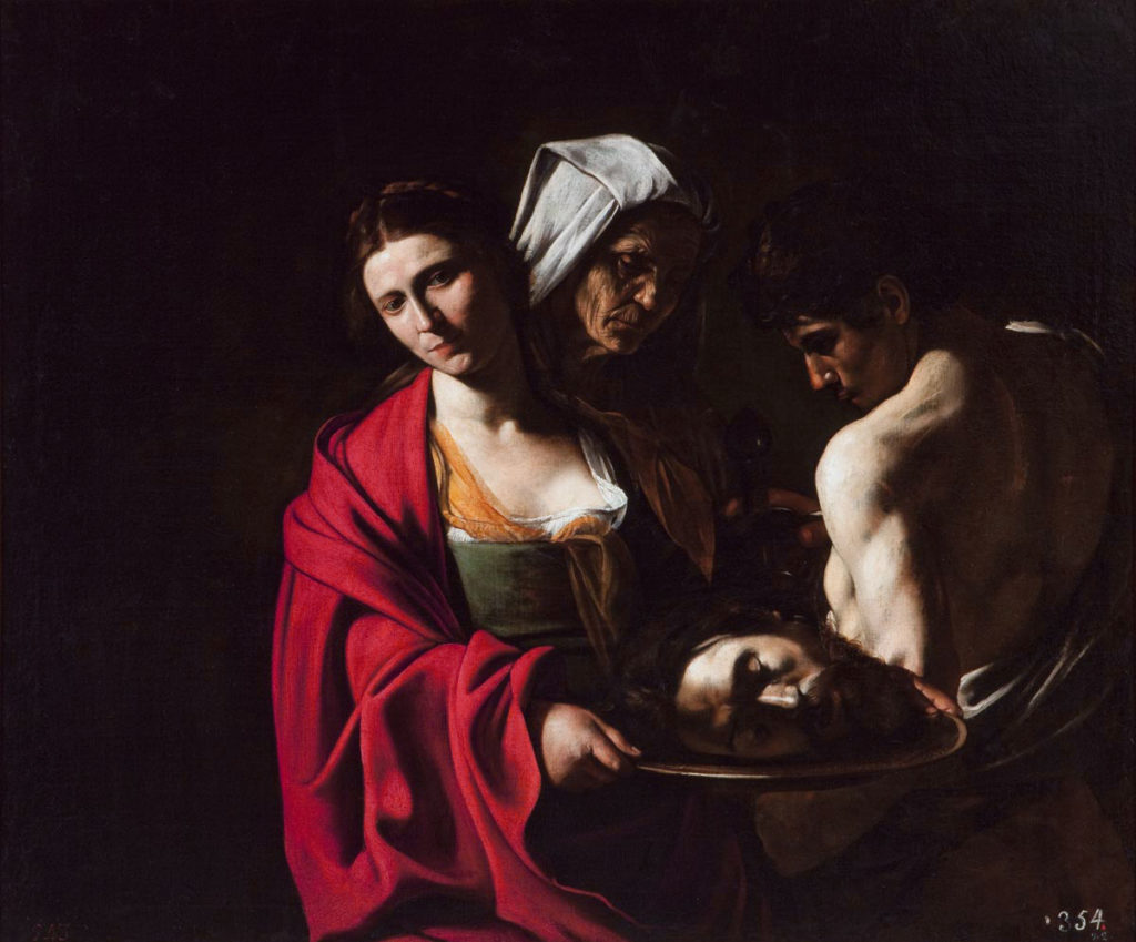 A painting of Salome holding the head of Saint John the Baptist on a platter, painted by Michelangelo Caravaggio and a part of the Spanish Royal Collection.