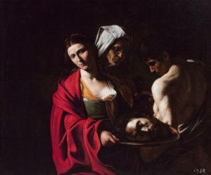 A painting of Salome holding the head of Saint John the Baptist on a platter, painted by Michelangelo Caravaggio and a part of the Spanish Royal Collection.