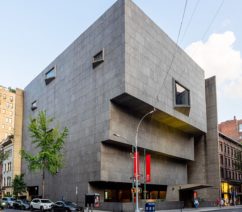 945 Madison Avenue, also known as the Breuer Building: a Brutalist, modernist building made of concrete and slate in what looks like an inverted ziggurat.