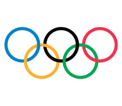 The Olympic symbol of five interlocking rings of blue, black, red, yellow, and green.