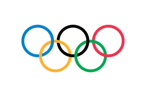 The Olympic symbol of five interlocking rings of blue, black, red, yellow, and green.