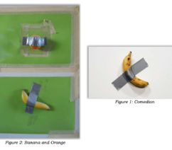 A work on the left made of an orange an a banana adhered with silver duct tape to green panels. Meanwhile, the work on the right is made of a banana taped to a white wall.