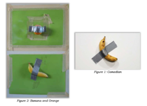A work on the left made of an orange an a banana adhered with silver duct tape to green panels. Meanwhile, the work on the right is made of a banana taped to a white wall.