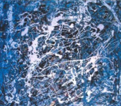 A blue and white abstract expressionist painting by Jackson Pollock.
