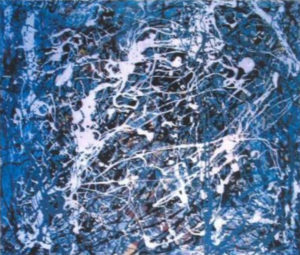 A blue and white abstract expressionist painting by Jackson Pollock.