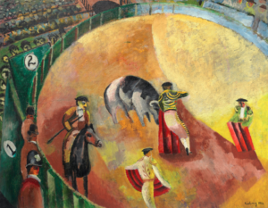 A slightly abstract scene of a bullfight, featuring a bull and costumed bullfighters in a ring surrounded by a crowd.