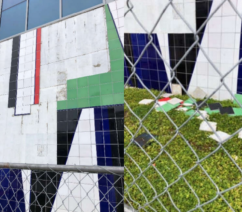 Colorful tiles that have fallen off a wall at Miami Beach Convention Center