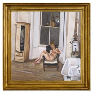An interior scene with a naked woman laying in a chair.